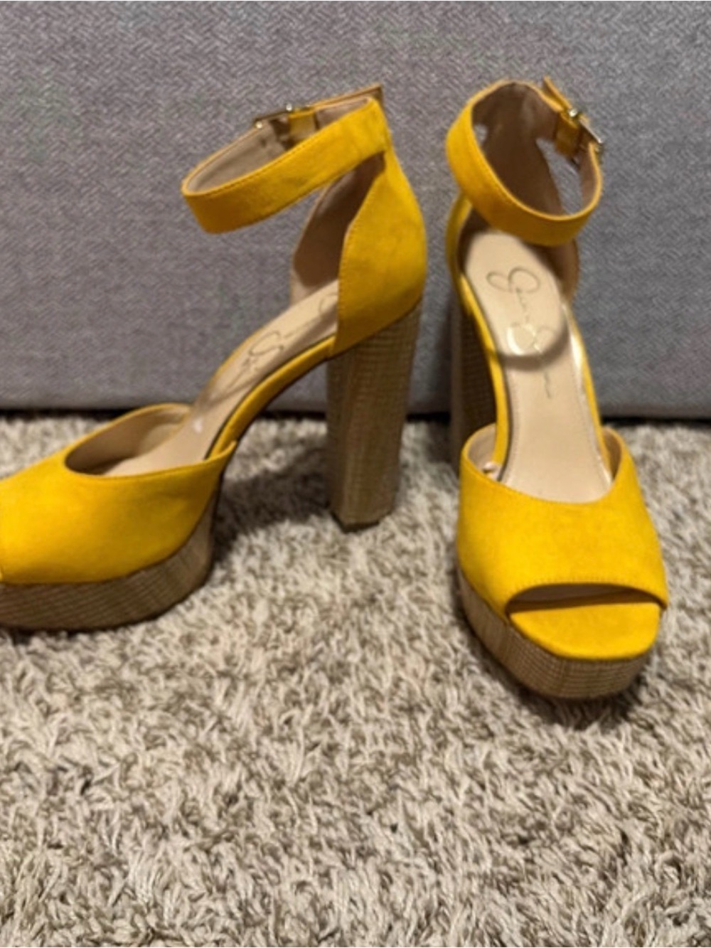 Jessica Simpson Bright Yellow Suede Platform Ankle-Strap Heels